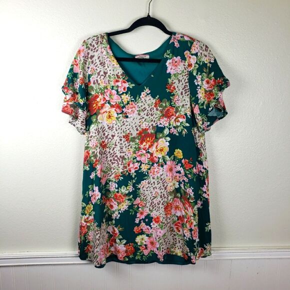 Andree by unit v-neck Teal pink floral dress tunic top size large - Picture 1 of 11